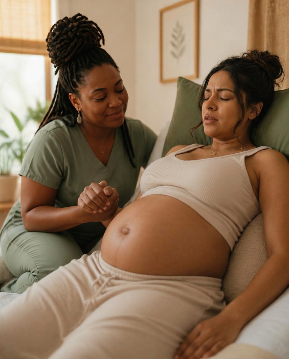 A doula gently holding hands with a laboring woman, offering calm support