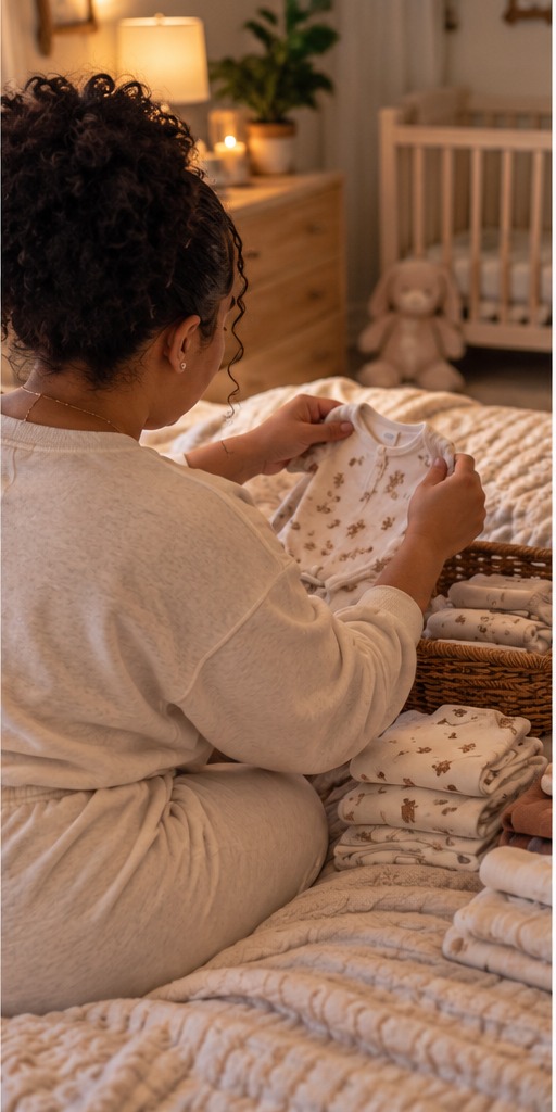 A curly-haired doula seen from behind folding baby onesies on a bed beside a basket of laundry