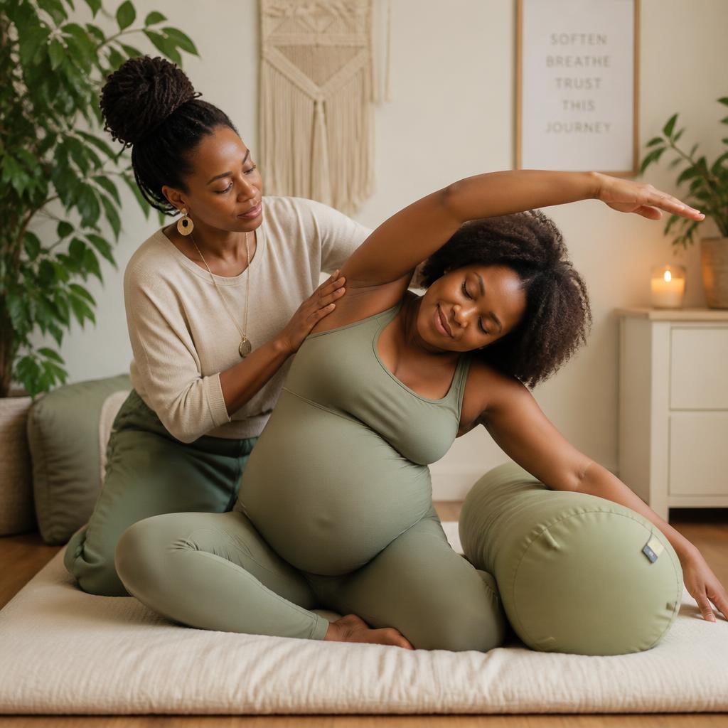 Doula supporting a pregnant person through a stretch