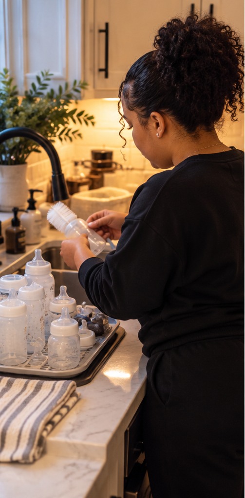 A curly-haired doula seen from behind washing baby bottles at a warm-lit kitchen sink