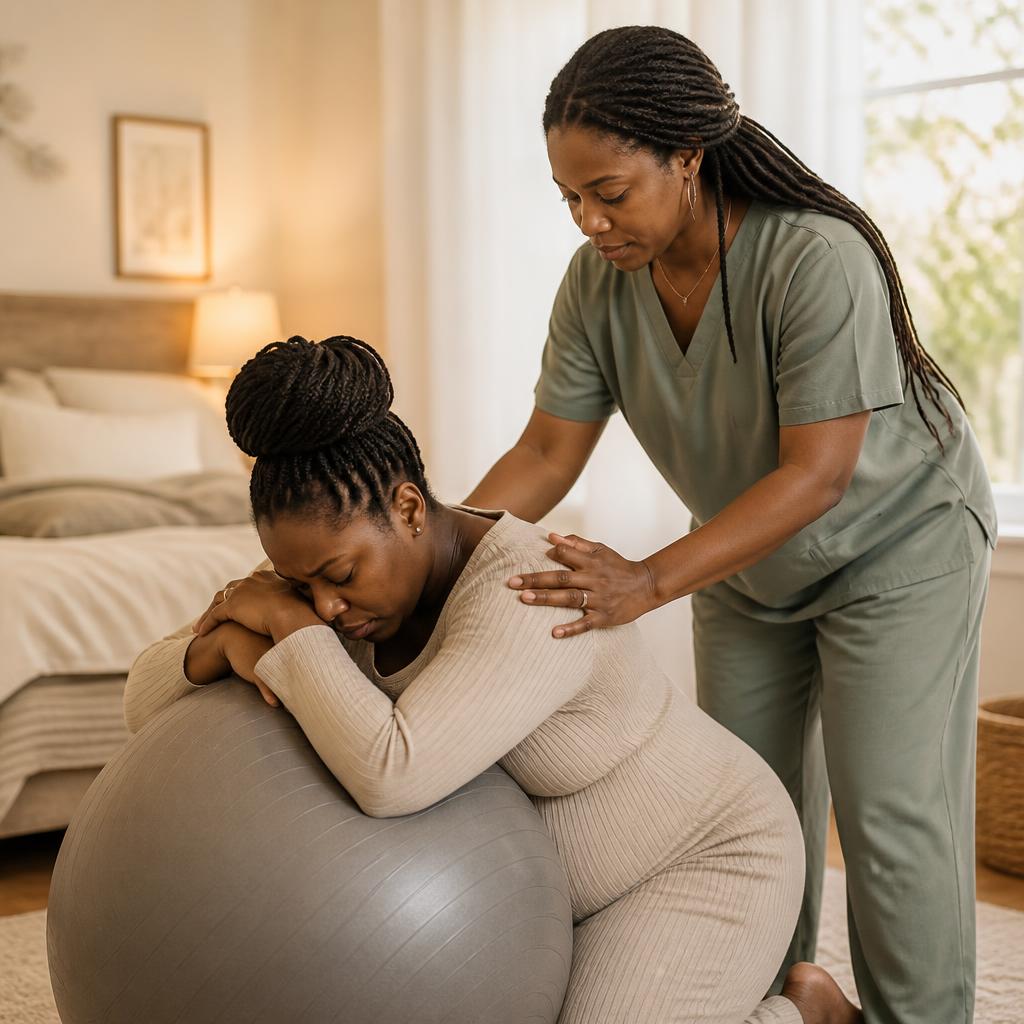 A doula provides physical support to a pregnant person leaning on a birth ball