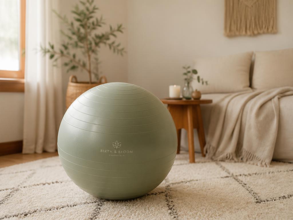 A sage green birth ball ready for comfort and positioning support