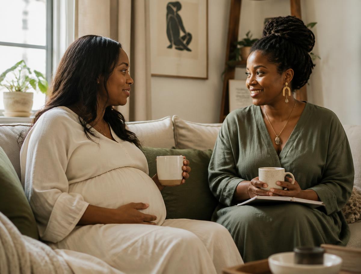 A doula and a pregnant client sitting together with warm mugs of tea