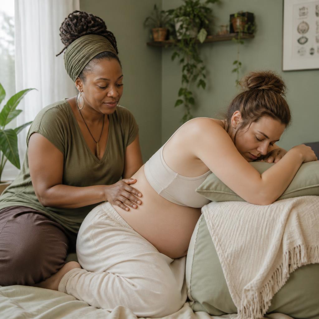 Doula applying counterpressure to a pregnant person's lower back