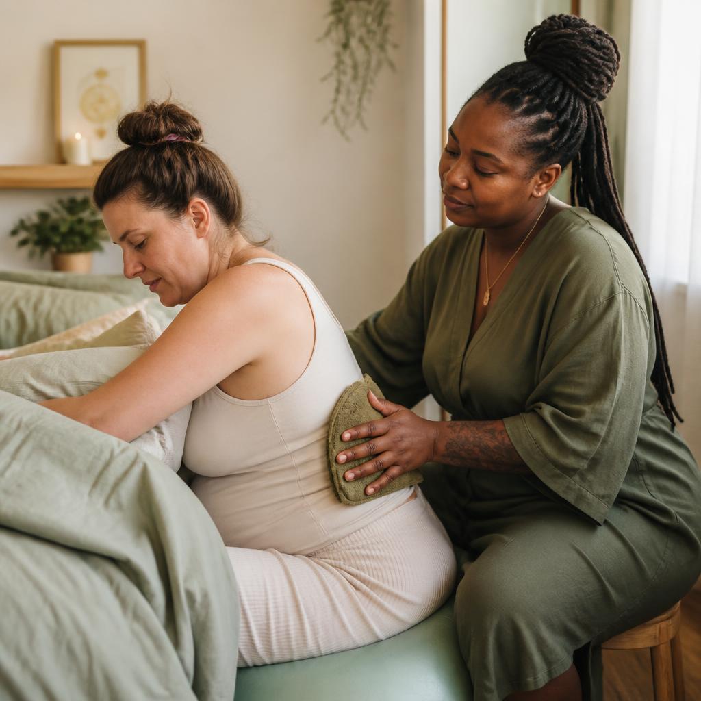 Doula placing a warm compress on a pregnant person