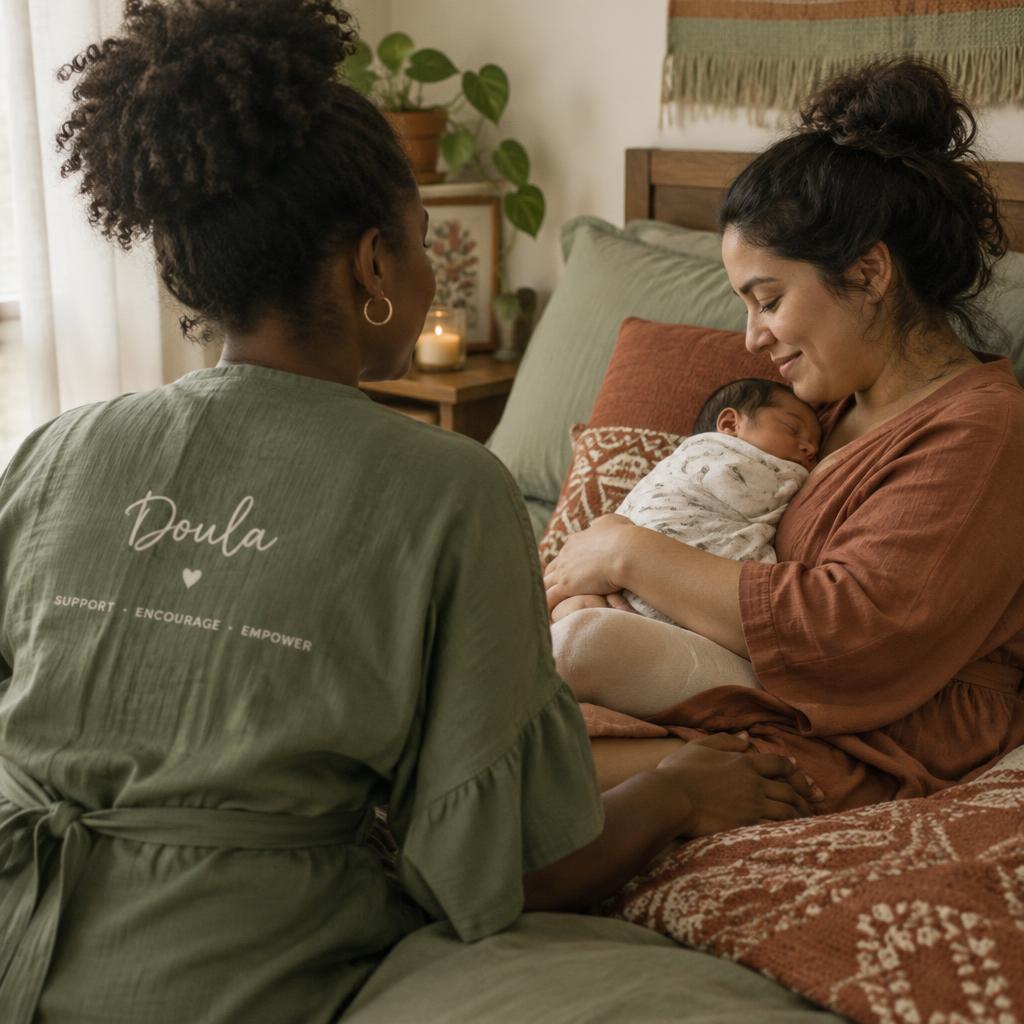 A curly-haired doula seen from behind sitting beside a mother cradling her newborn on a bed