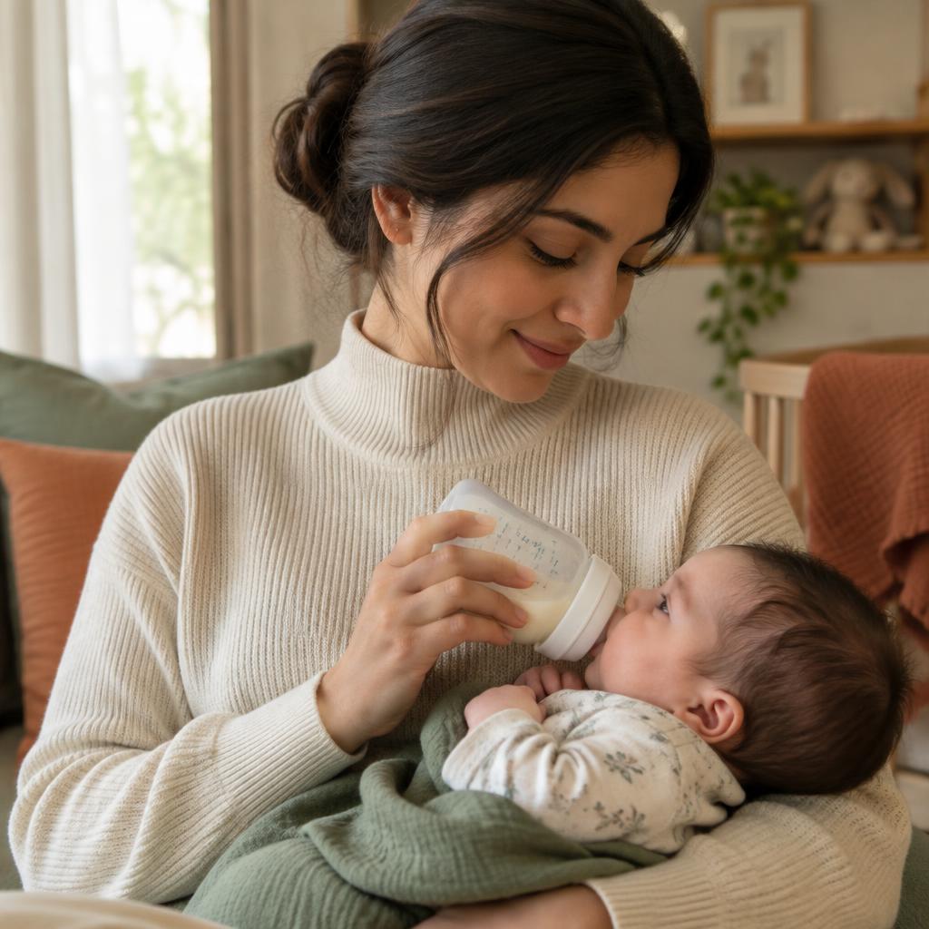 A mother in a cream turtleneck gently bottle-feeding her newborn