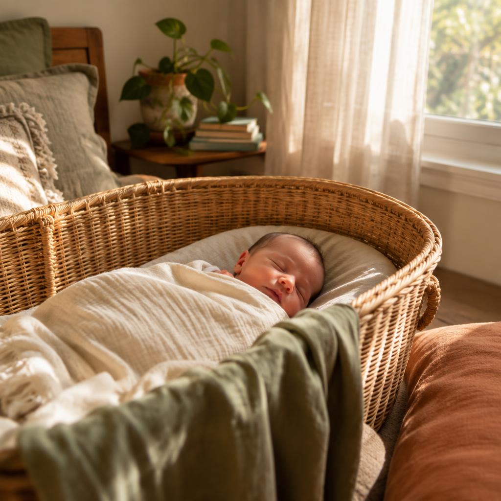 A newborn baby sleeping peacefully in a woven bassinet in warm morning light