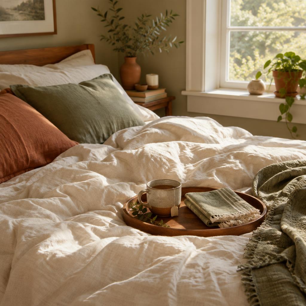 A cozy sunlit bed with cream linens and a wooden tray of tea