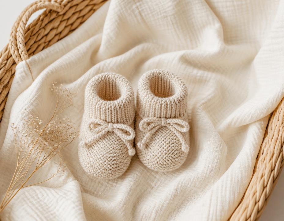 Tiny knitted baby booties in a woven basket